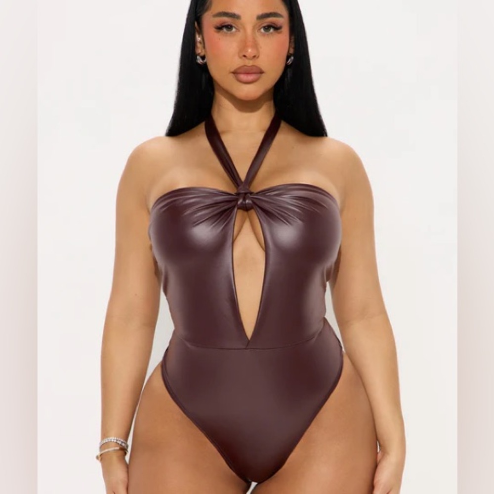 No Reason Y Neck Halter Leather Bodysuit NEW 🏷️